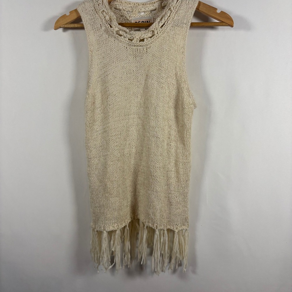 Pepin for Anthropologie Crochet Fringe Tank Top S Cream Knit Boho Festival Tank